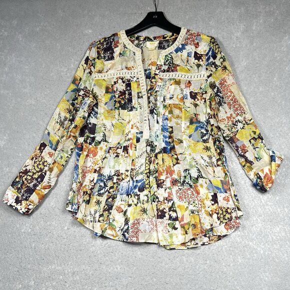 Maeve Anthropologie Blouse 10 Floral Abella Pintuck  Roll Tab Sleeve Crochet - Picture 12 of 12